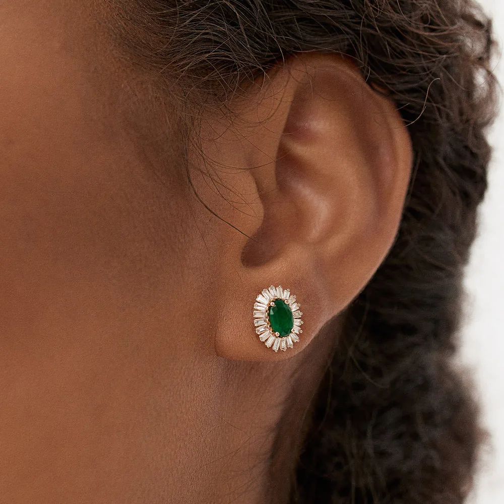 14k Emerald and Baguette Diamond Ballerina Stud Earrings