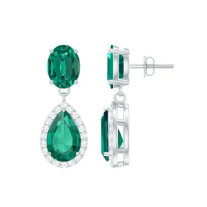 4.25 CT Created Emerald and Diamond Dangle Drop Earrings with Screw Back