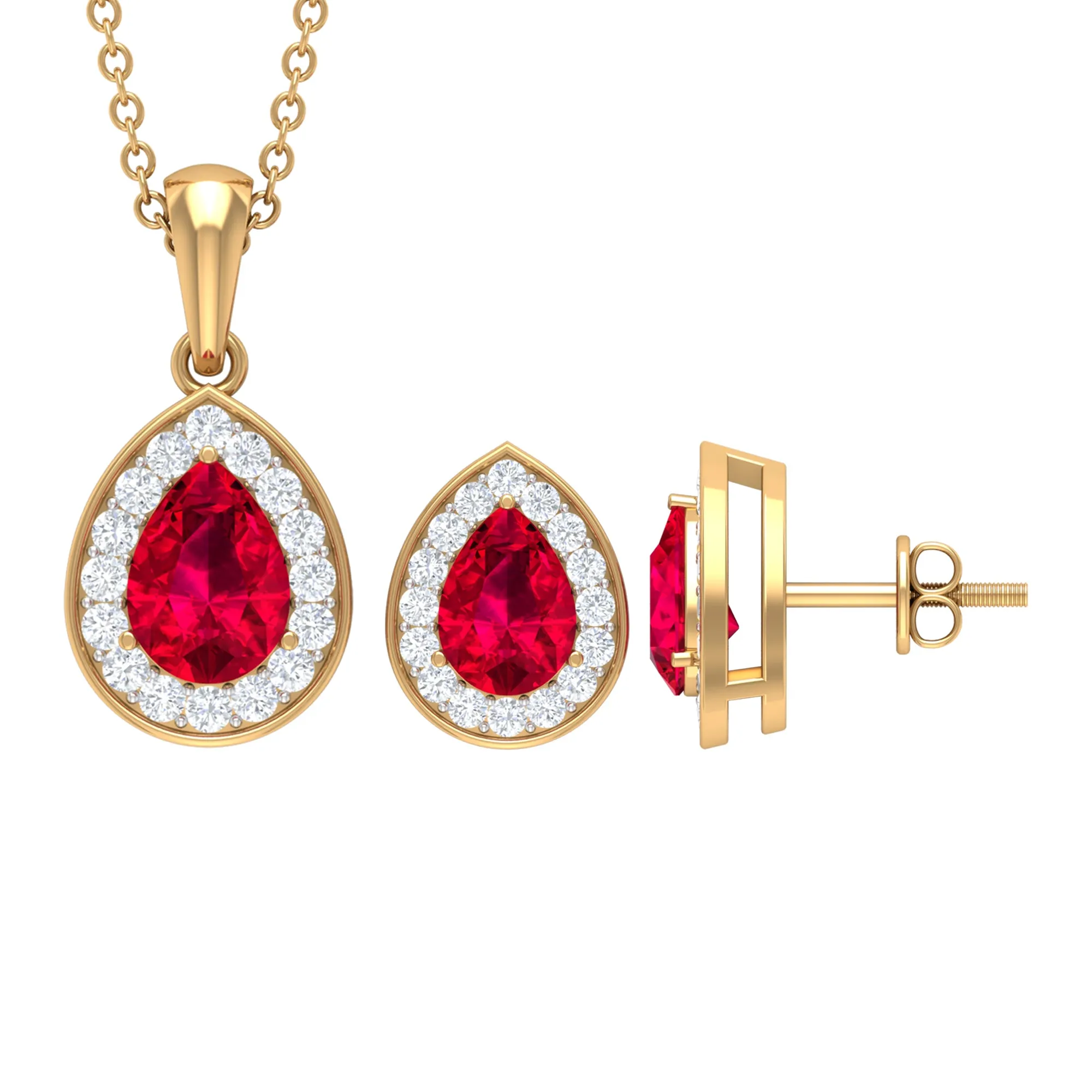 Created Ruby Teardrop Jewelry Set with Moissanite Halo