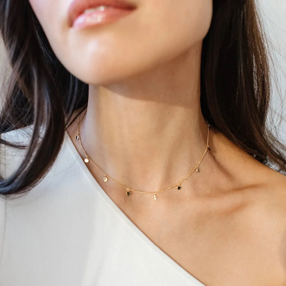 DAINTY POISE DISK NECKLACE - CUBIC ZIRCONIA & GOLD