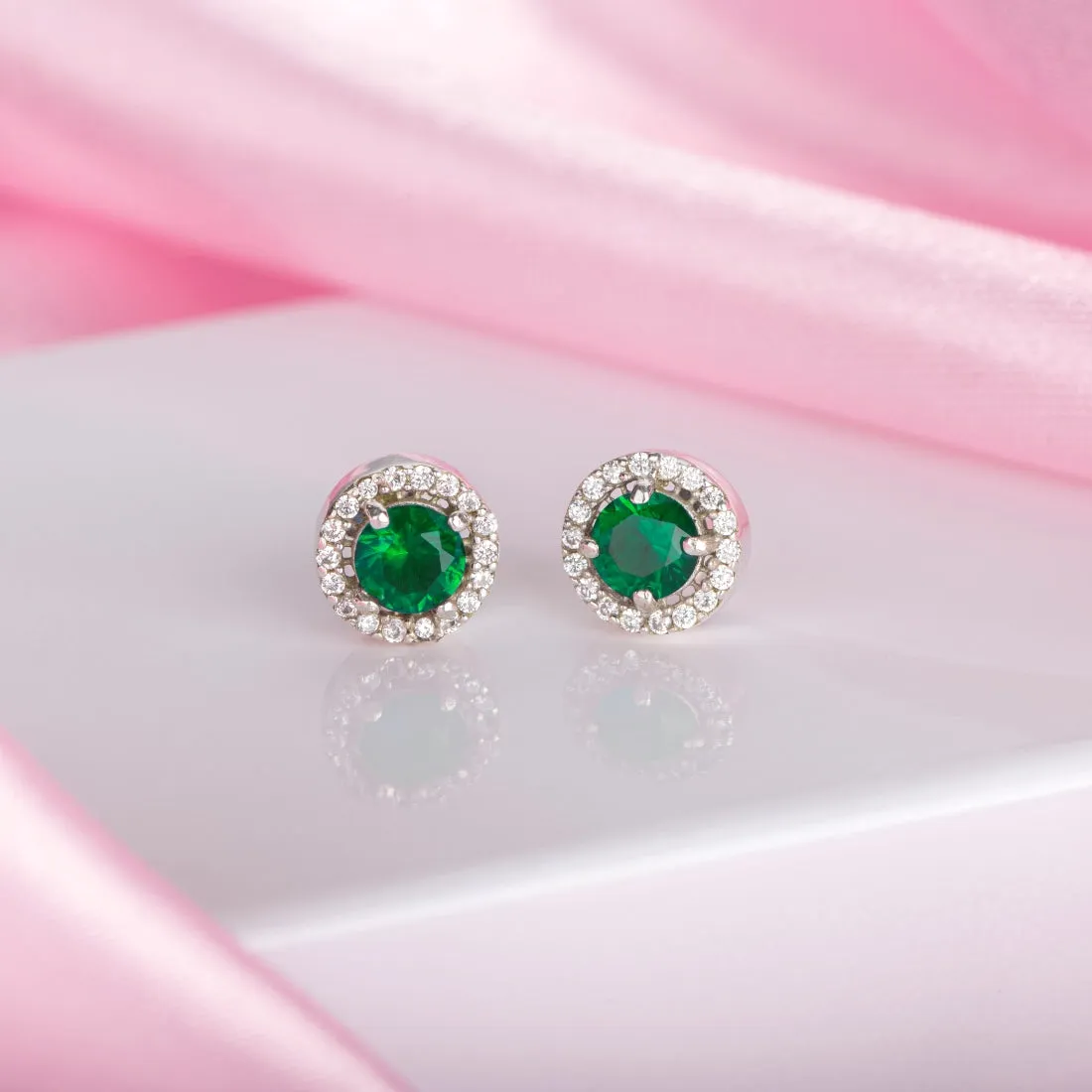Emerald Elegance 925 Sterling Silver Green Cubic Zirconia Stud Earrings