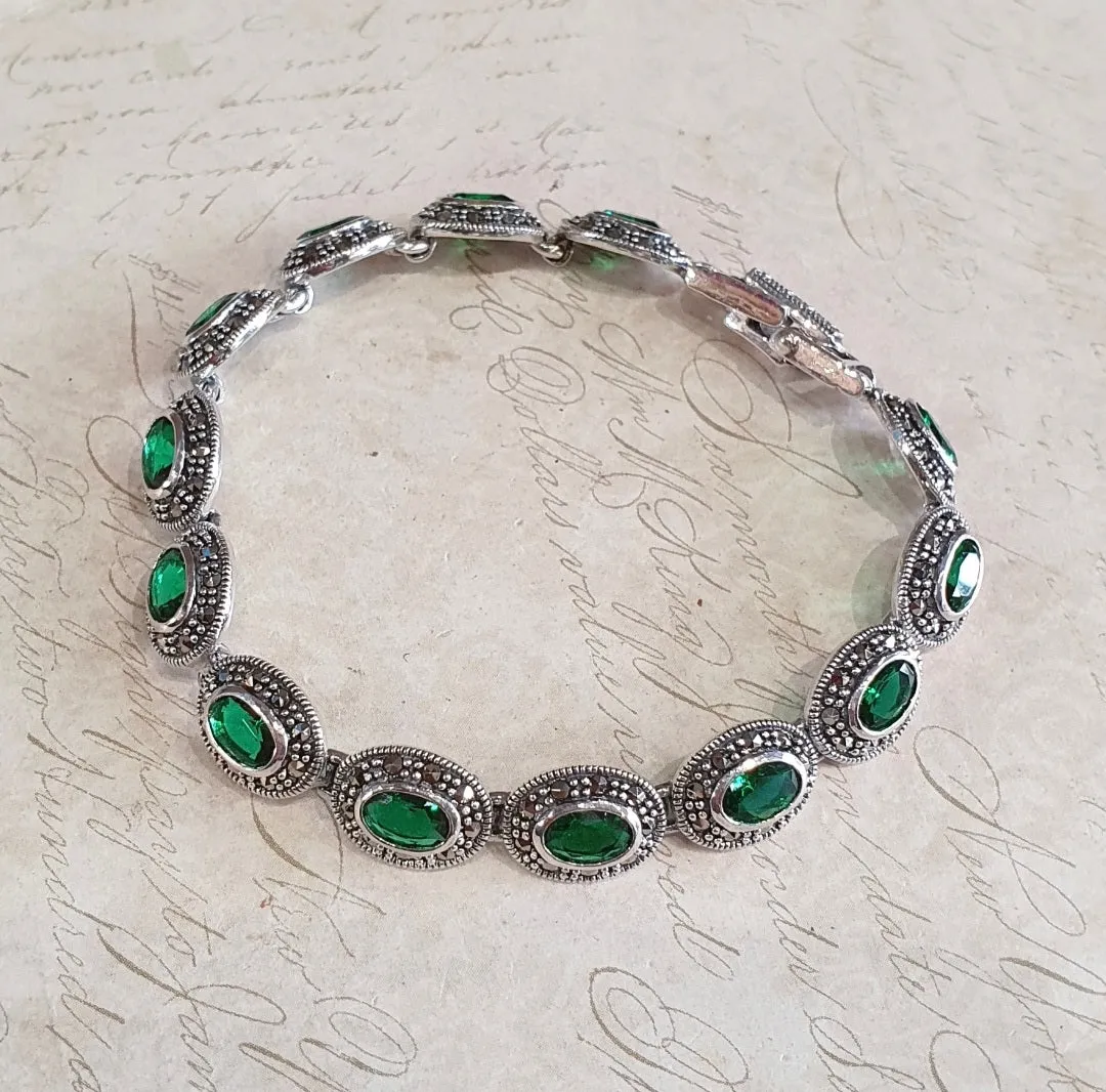 Emerald Green Bracelet Silver Marcasite Oval Stones
