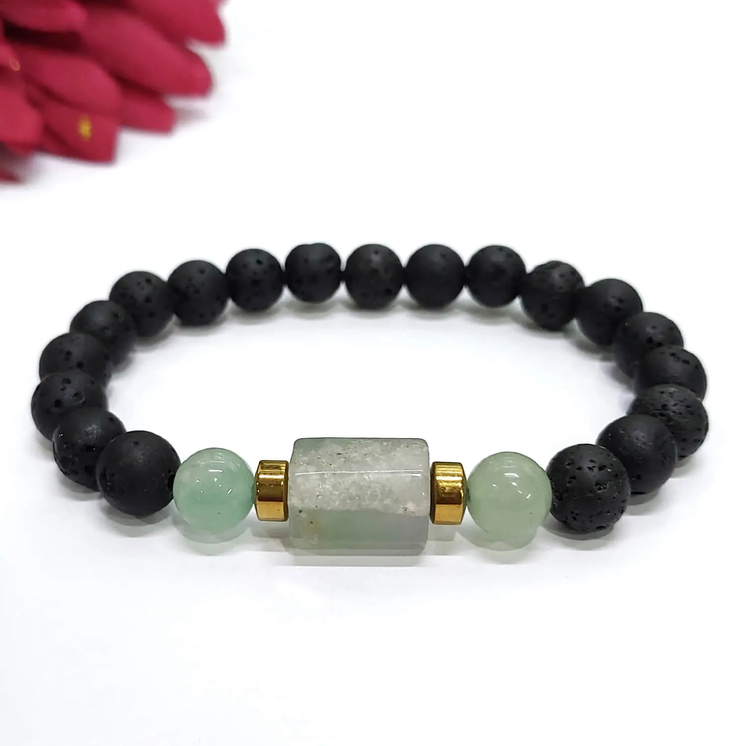 Fluorite Matte Tumble Bracelet With Lava Stone And Golden Hematite