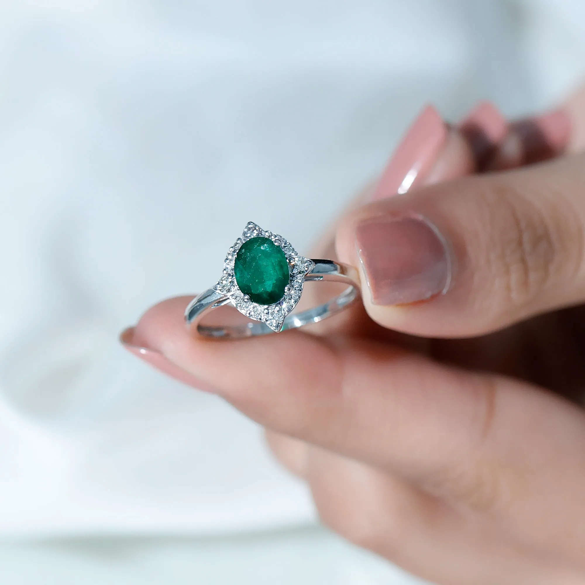 Oval Shape Emerald Vintage Inspired Engagement Ring with Diamond