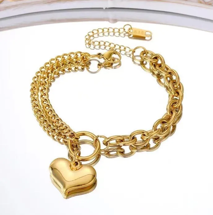 Peach Heart Stainless Steel Bracelet Hip Hop Thick Chain Double Layer Love Handicraft Accessories